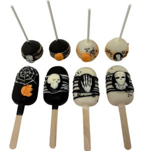 Halloween-Sweets am Stiel mit Skelett- und Spinnenmotiven