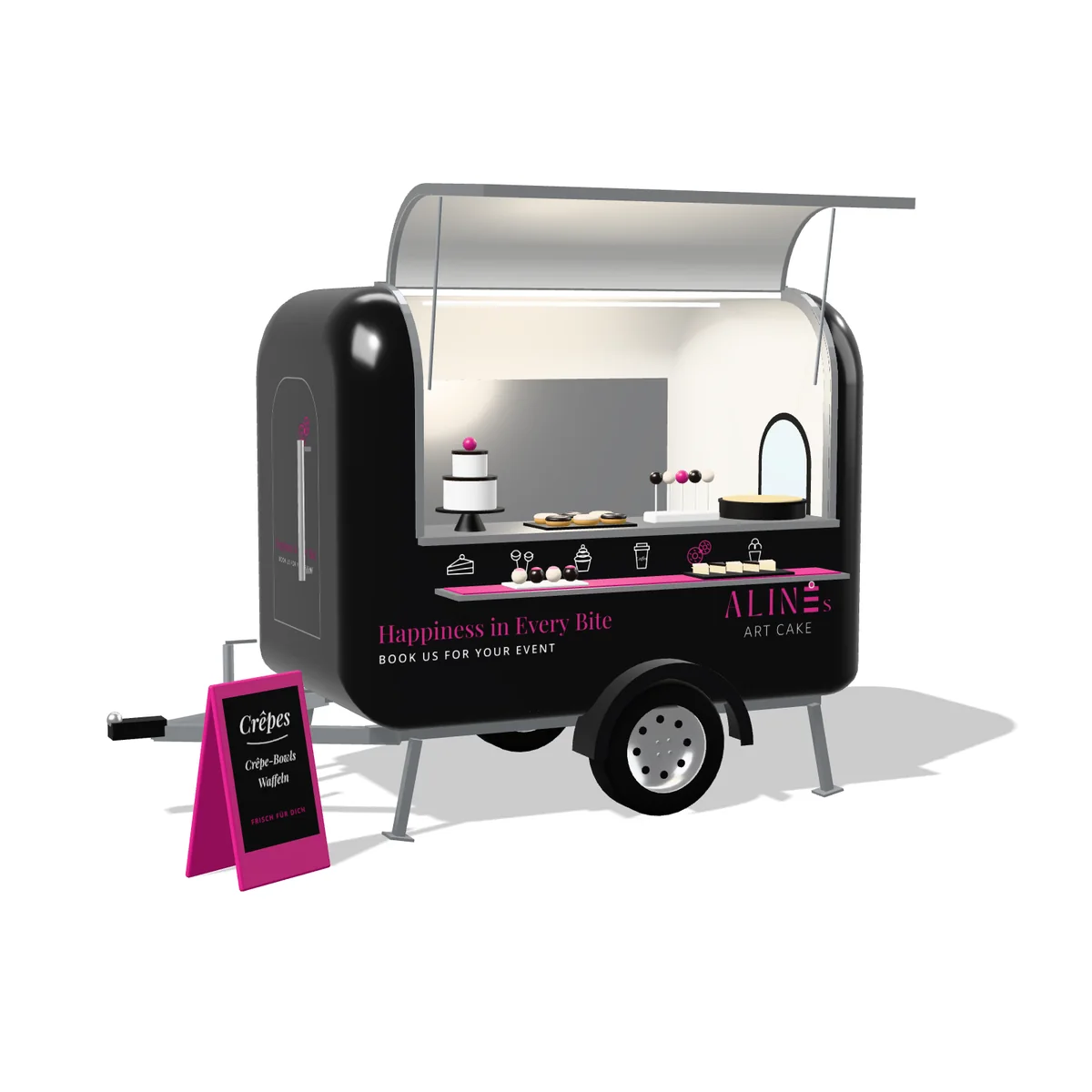 Der Kleine Wagen von Alines Art Cake mit geöffneter Verkaufsklappe, als 3D-Illustration